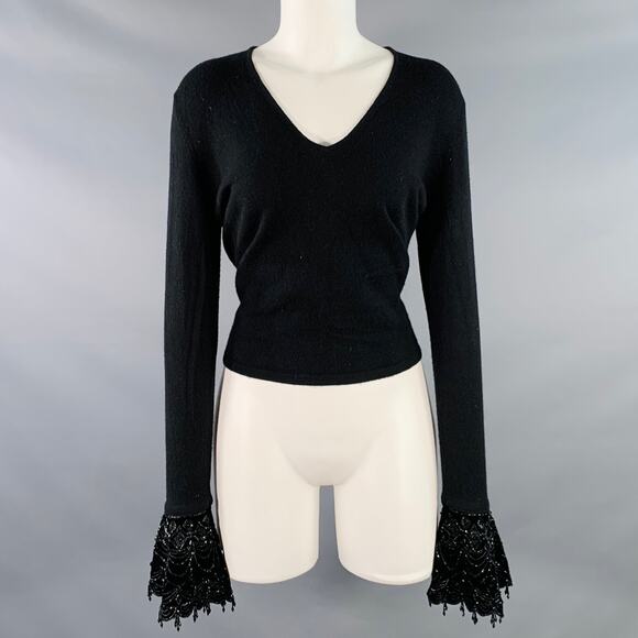 RALPH LAUREN Size M Black Cashmere Beaded V-Neck Dress Top - Picture 1 of 10